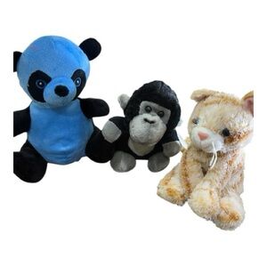 Set of 3 Plush Animals - Blue Panda, Gorilla(NWT), and Tan Kitten - toy bundle